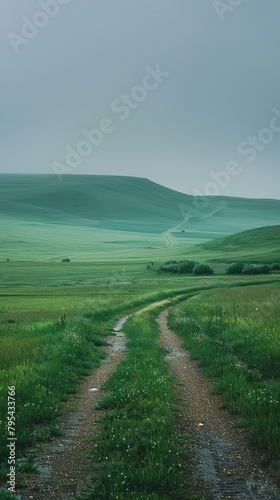 b'Countryside dirt road through green grassy field' © Adobe Contributor