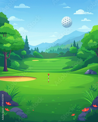 Outdoor golf court scene in flat graphics