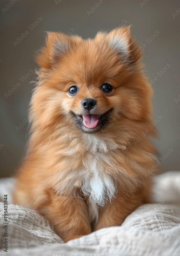 b'A fluffy Pomeranian dog with a happy expression on its face'