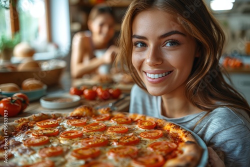 A close-up of a woman holding a mouthwatering pizza topped with fresh tomatoes in a vibrant restaurant setting