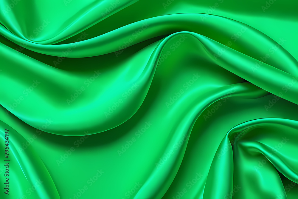 Green silk fabric luxury background. Wavy abstract satin cloth texture pattern. Smooth shiny drape material curtain. Green silk fabric luxury background. Wavy abstract satin cloth texture pattern. Smooth shiny drape material curtain.
