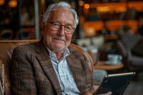 Smiling Senior Executive Embracing Digital Lifestyle with iPad in Stylish Café