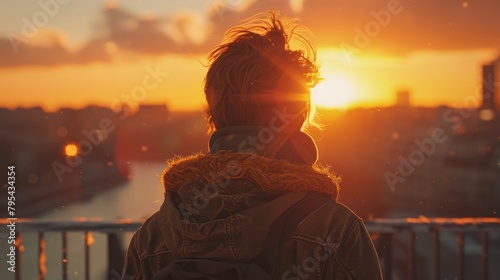 girl standing on a bridge during the sunset photo