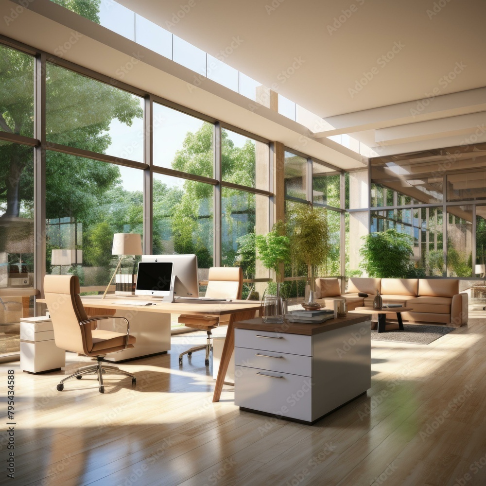 Fototapeta premium b'The office has a large glass window and a wooden desk with a computer on it.'