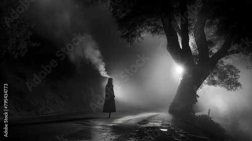 Black-Contrast high quality shot of a woman through the night, Like losing hope, he takes a deep drag on his cigarette photo