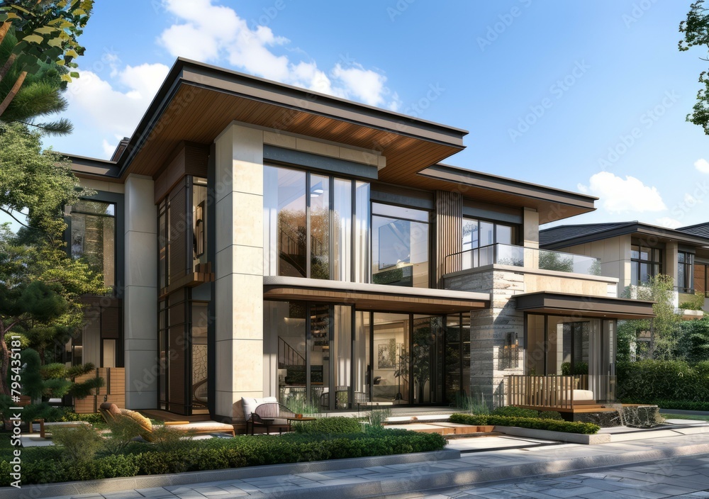 b'A modern two-story house with a beautiful courtyard'