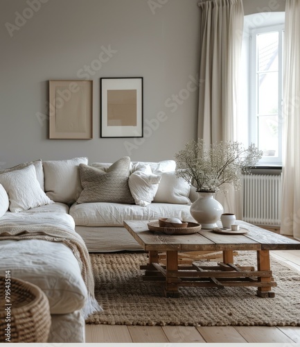 b'Bright living room with white sofa and natural textures'