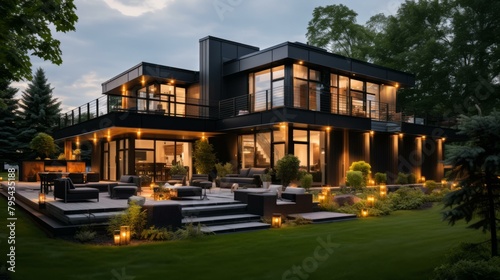 b'Black exterior house with large windows and a modern design'