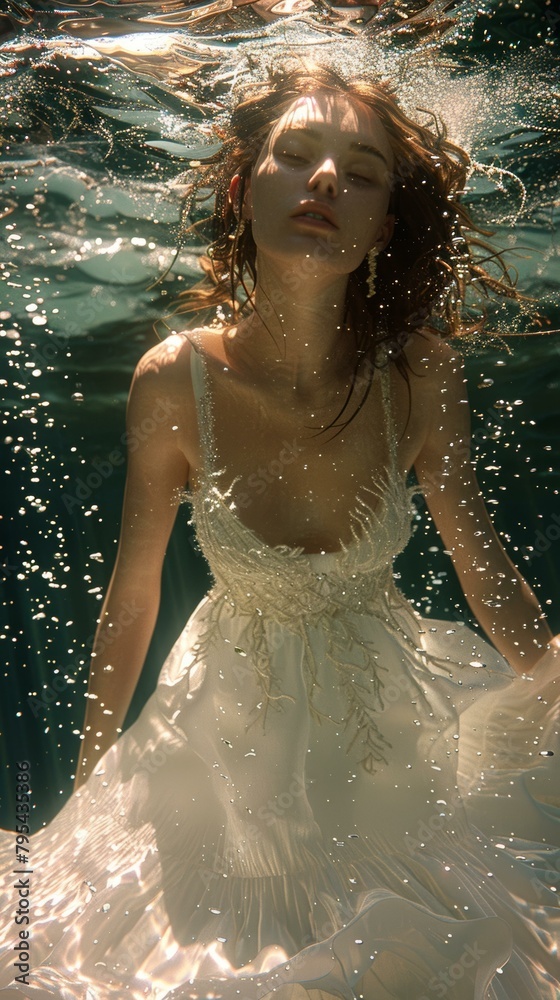 Obraz premium An ethereal woman wearing a white dress floats underwater