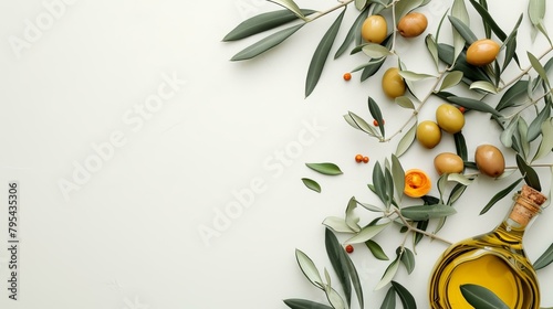 b'Olive oil and olives on white background'