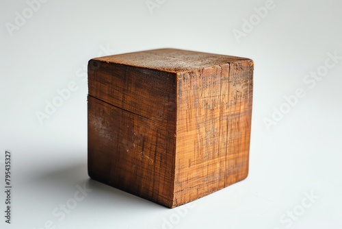 A solitary wooden cube block looking forlorn against a stark white backdrop photo
