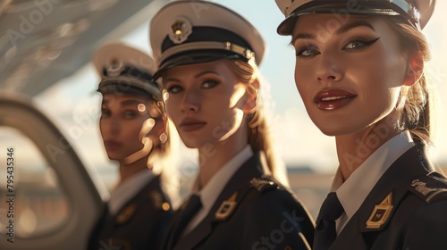 Women pilots, beautiful girls in pilot uniform.