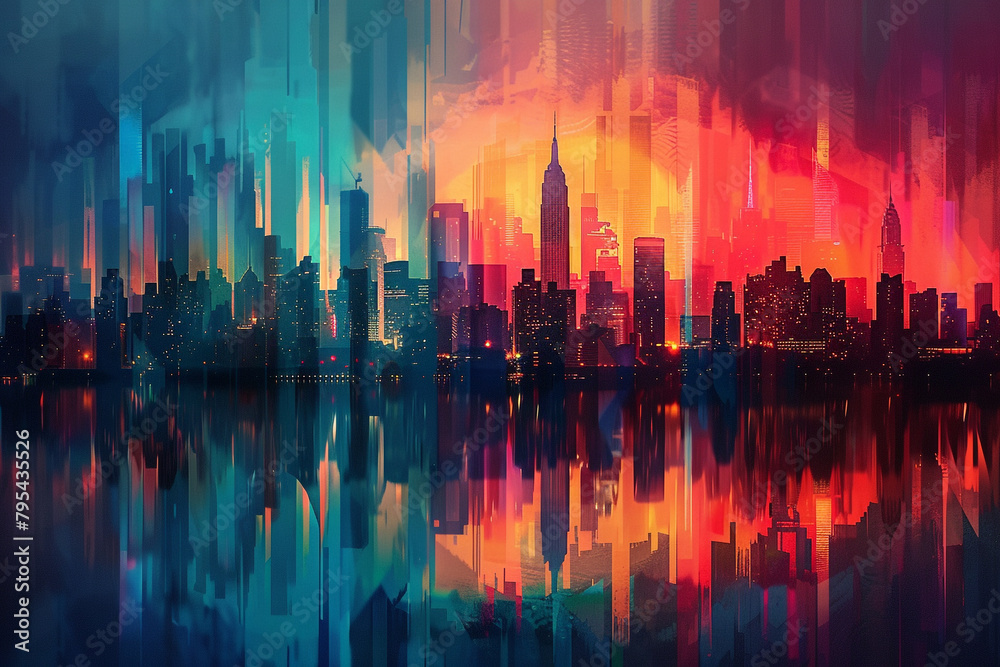 A digital collage of cityscape silhouettes against a backdrop of colorful gradients.