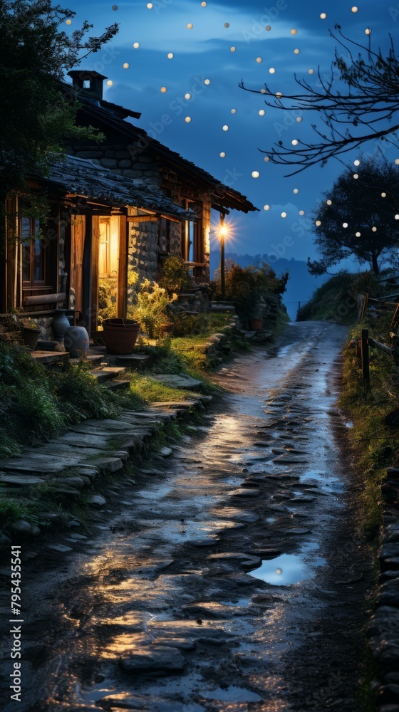 Obraz premium b'Stone cottage in the mountains at night'