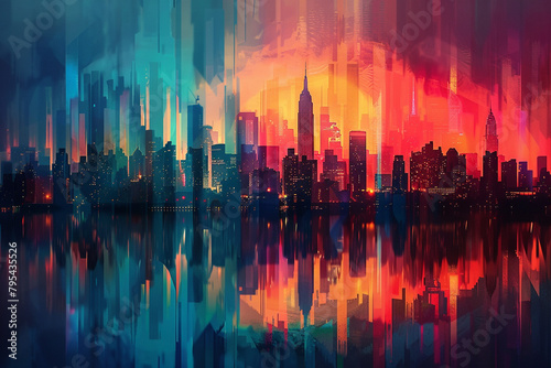 A digital collage of cityscape silhouettes against a backdrop of colorful gradients.