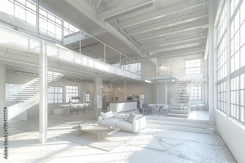 b'Perspective view of a spacious white loft with a living room, dining area and kitchen'