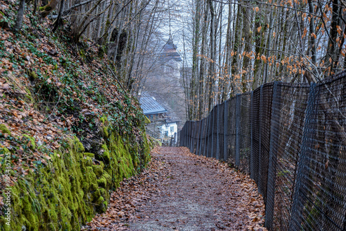 Camino en el bosque con el pueblo de fondo, con niebla en otoño