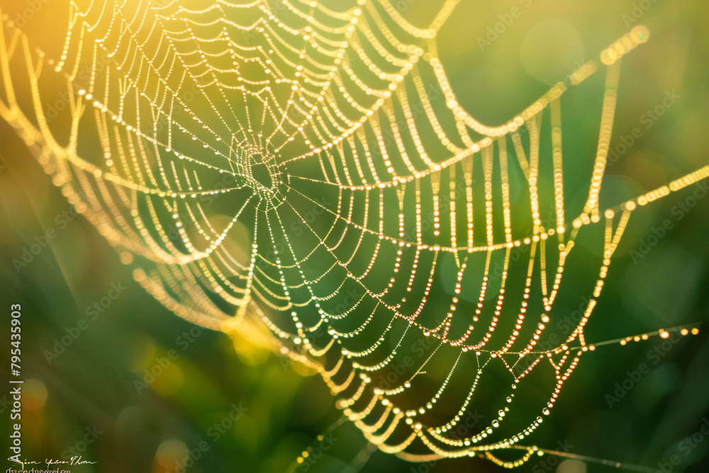A macro photograph of a dew-covered spiderweb, glistening in the morning light.