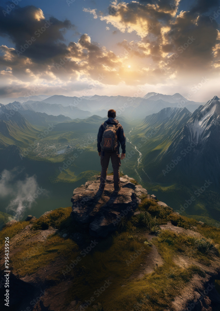 Photo of a backpacker on the top of the mountain Photo of a backpacker on the top of the mountain