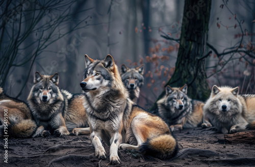 A group of wolves in the wild with one wolf sitting down