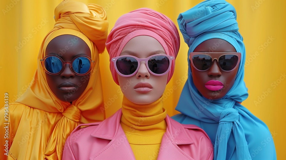 Influencer culture concept, three women wearing colorful headscarves and sunglasses, clothing yellow beauty smiling cute
