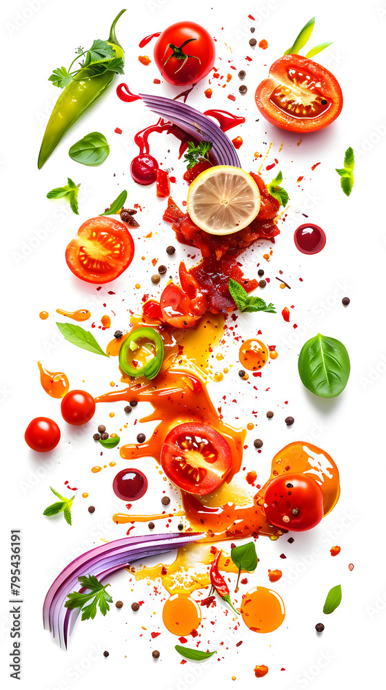 Explosion of sauces and fresh sliced vegetables flying on white background. Explosion of sauces and fresh sliced vegetables flying on white background.