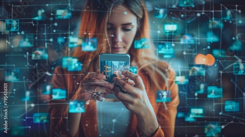 Influencer culture concept, woman smartphone with social icons on background, futuristic data mobile phone working touch screen