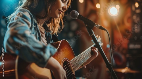 Indie singer songwriter, girl playing guitar in music club, lifestyle rock music acoustic guitar artist microphone photo