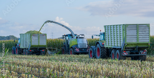Fotografía Traktor und Maishäcksler während der Maisernte