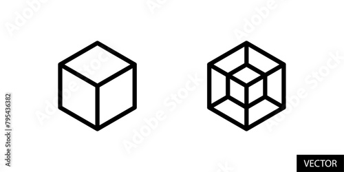 3D and 4D cube, three dimensional and four dimensional cube, hexahedron, tesseract icons in line style design for website, app, UI, isolated on white background. Editable stroke. Vector illustration.
