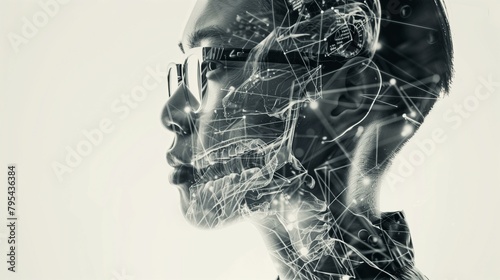 Double exposure biomedical engineer, woman's face with network of lines, medicine pain transparent biology portrait