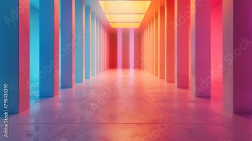 liminal space, brightly lit, pink, blue, orange, columns, pillars, hallway