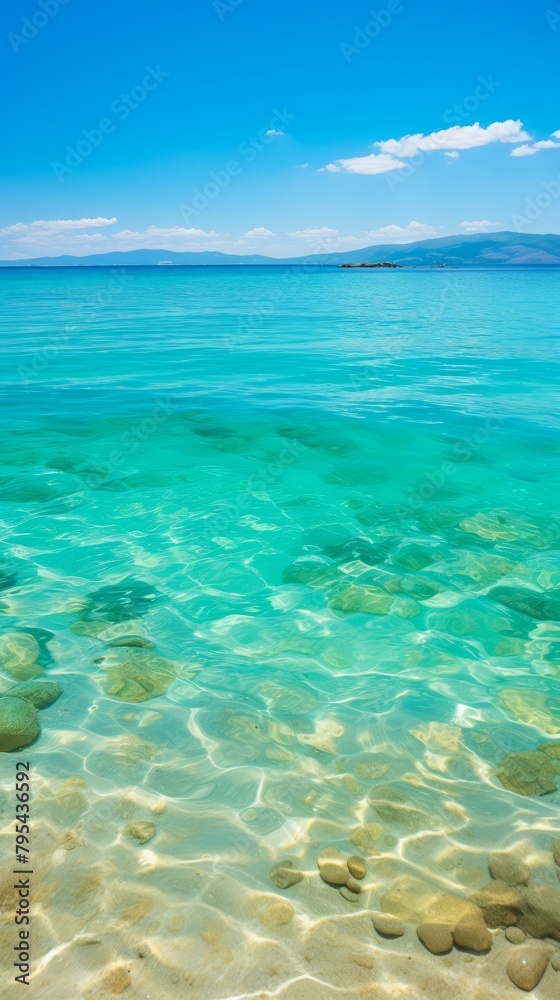 b'Crystal clear water of a lake with rocks on the bottom'