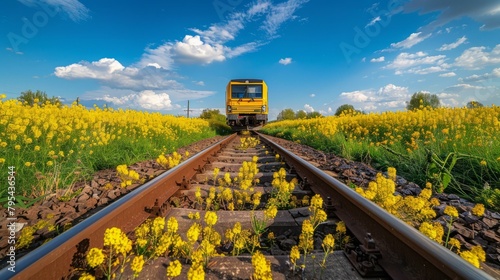 b'Yellow train passing through a field of yellow flowers'