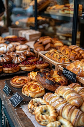 Freshly baked pastries and bread on bakery shelves