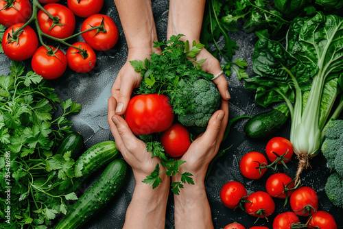 A close-up of hands holding vibrant organic vegetables, showcasing healthy eating habits and sustainable lifestyle choices, fresh produce. photo