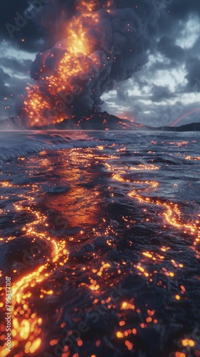 molten lava from a volcanic eruption flowing into the ocean