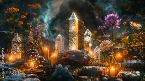 Mystical glowing crystals and candles in a beautiful fantasy forest setting