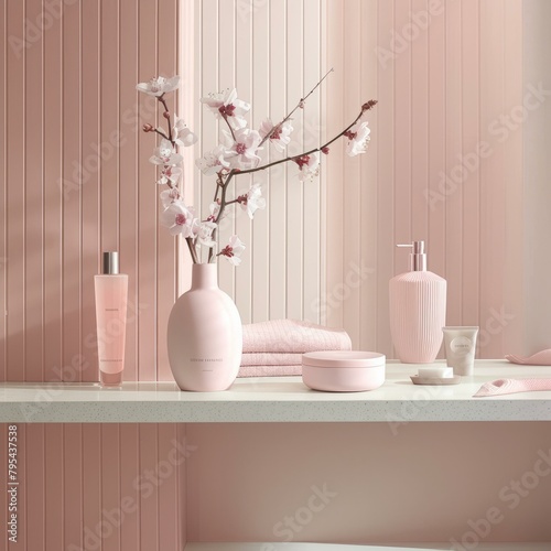 b'Delicate and elegant pink bathroom'