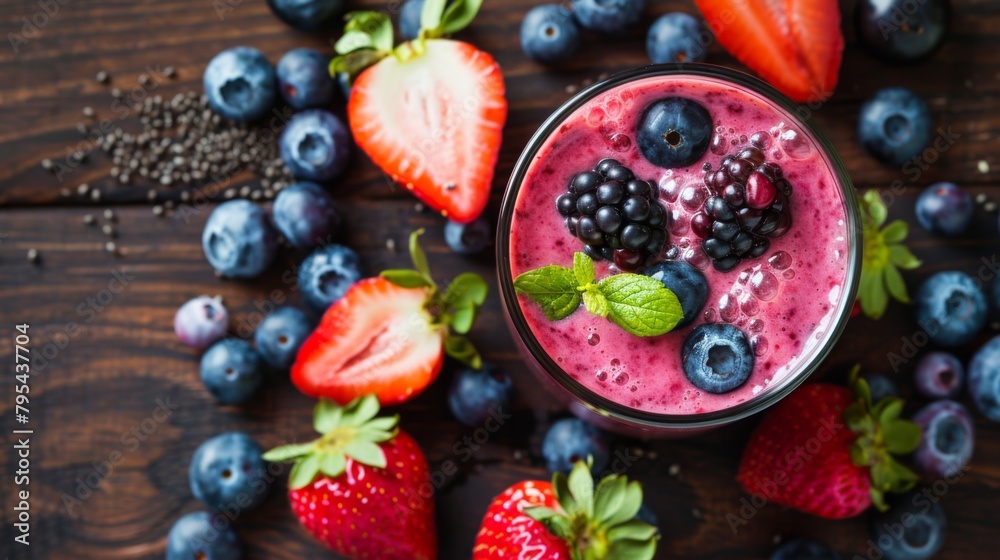 Fresh Berry Smoothie on Wooden Table