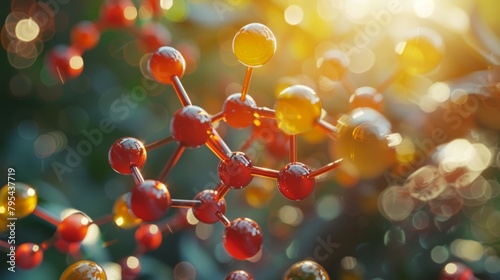 Orange and yellow atoms form a molecular structure against a blurry background of green and yellow.