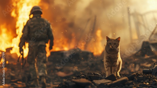 Orange cat in war zone