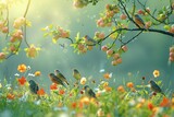 Imagine an enchanting image of a cheerful flock of birds harmoniously singing on branches of a tree embellished with spring flower blossoms. Soft morning sunlight filters through the leaves