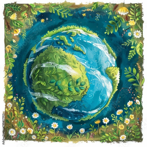 b'An illustration of the Earth surrounded by flowers and plants'