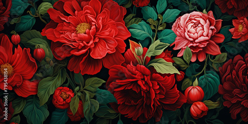 Bold ruby red and emerald green florals seamlessly blending into a striking pattern.