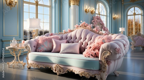 b'ornate pink and blue rococo style settee'