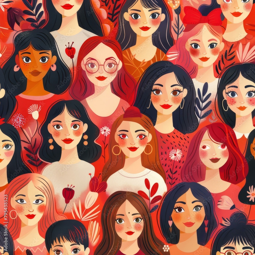 b'Diverse group of women of different ethnicities with flowers in their hair' b'Diverse group of women of different ethnicities with flowers in their hair'