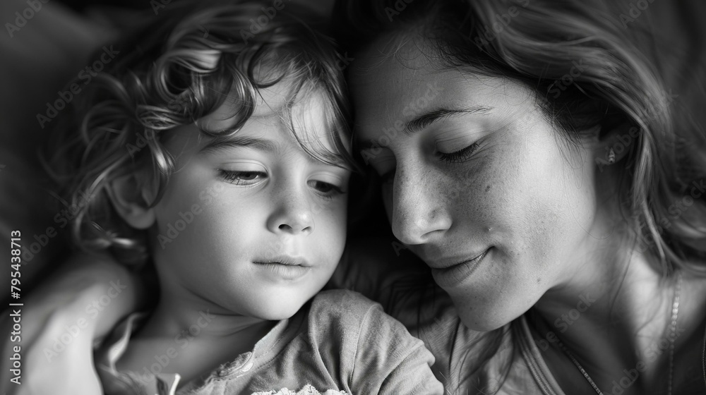 b'Black and white portrait of a mother and her child'