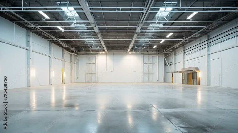b'Large empty warehouse interior with concrete floor and white walls'