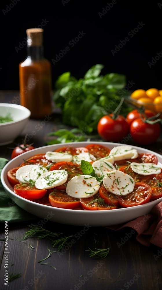 b'Fresh and tasty tomato salad with basil and mozzarella cheese'